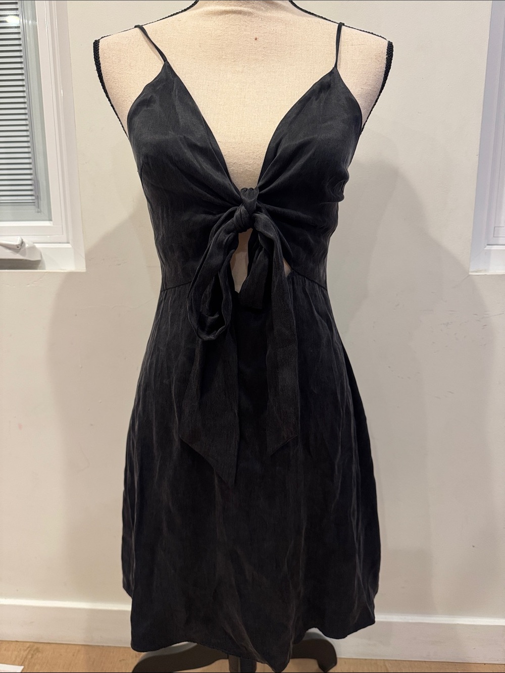 Kivari Black Tie-Front knot Mini Silk Dress evening cocktail gown NWT